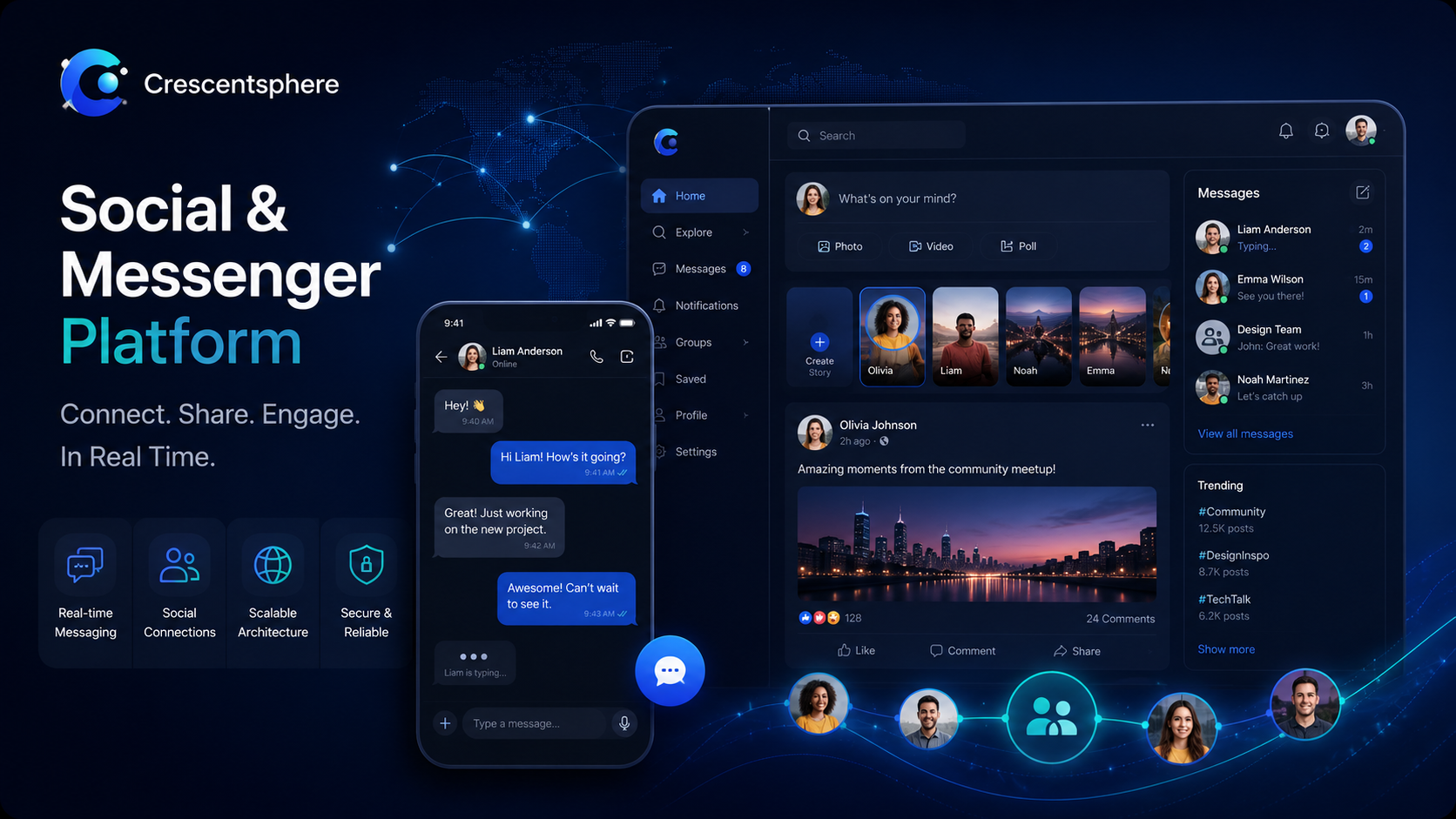 Crescentsphere social and messenger platform UI preview